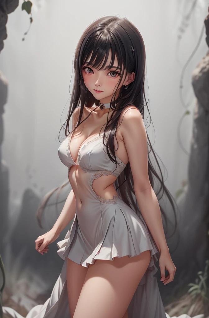 cute girl,detailed beautiful pretty girl,long straight white and black gradient hair,blunt bangs,flowing hair,beautiful detailed eyes,eye,beautiful detailed lips,detailed facial features,detailed hair,detailed skin,bamboo forest background
