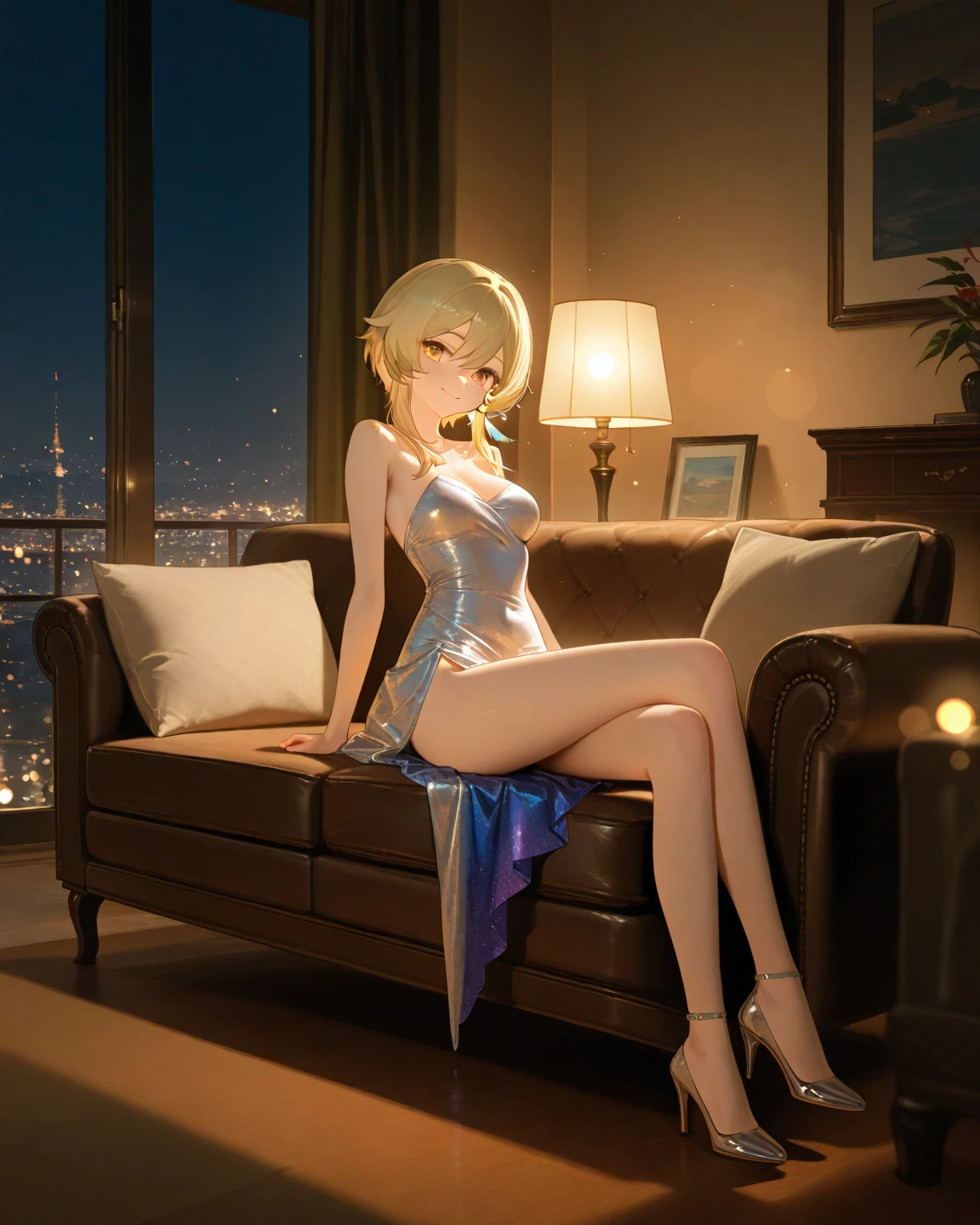 (from below), best quality, 32k, RAW photo,  incredibly absurdres, extremely detailed, delicate texture, beautiful super fashion model on stage, coldly look down on, beautiful shining bangs straight hair, long legs, high heels, hands behind head, amorous and lewd expression, superlative body proportion
