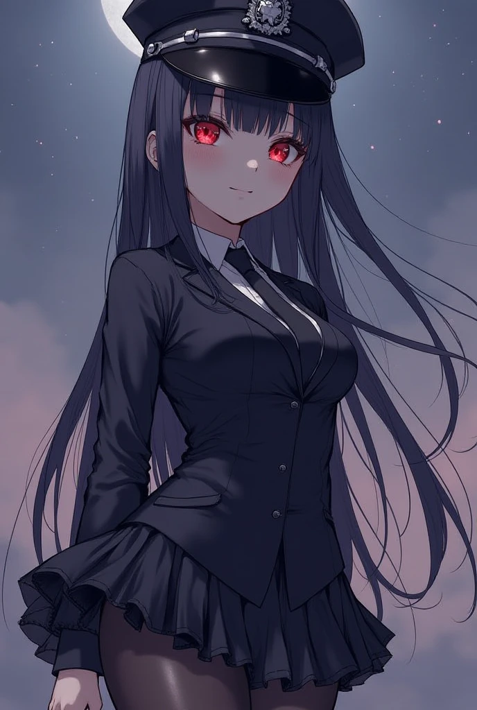 (((Masterpiece, Best quality, ultrahigh resolution))), (((1 boy))), standing, school uniform, white office shirt, pleated black shirt, ((light black hair:0.7)), long haircut, fair skin, ((red eyes)), bright eyes, neon eyes, (((ultra detailed eyes, handsome detailed face, detailed eyes))), ((centered)), serious, ((wide shot)), facing viewer, eye level, (((midnight background with full moon, huge detailed moon behind subject))), slender male body, looking at viewer, ((half-closed eyes)), ((perfect hands)), (((head, arms, hips, elbows, in view))), ((hands behind back)), blank eyes, beautiful lighting, outdoor, shooting star:0.7, background, defined subject, 2, ((wide shot) open scenery background))