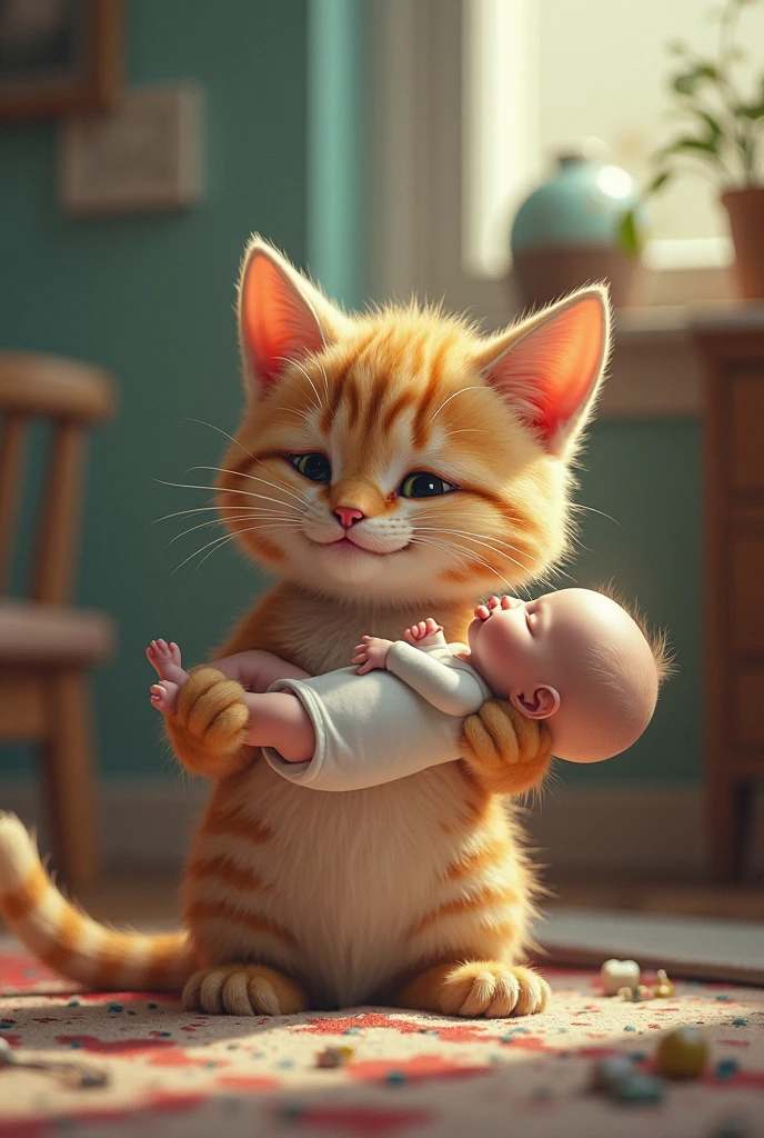Furry cat teenager cat with a kid sitting on his foot