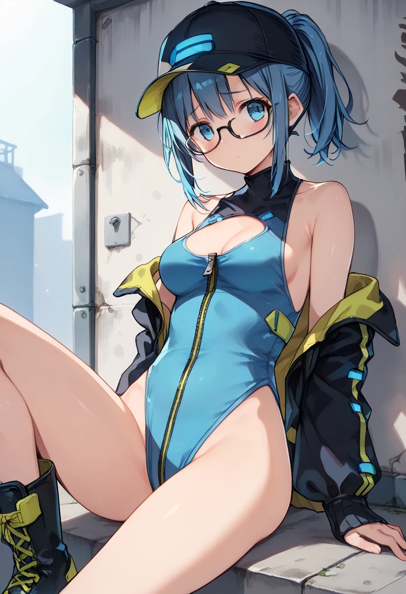 best quality, 32k, RAW photo, incredibly absurdres, extremely detailed, delicate texture, intelligent beauty, medium hair, blue hair, hair over one eye, (blue leotard with green accents), (tight belt), matching gloves, matching boots, ankle boots, playful, cute smile, closed mouth, outside office balcony, (body infused with frost)