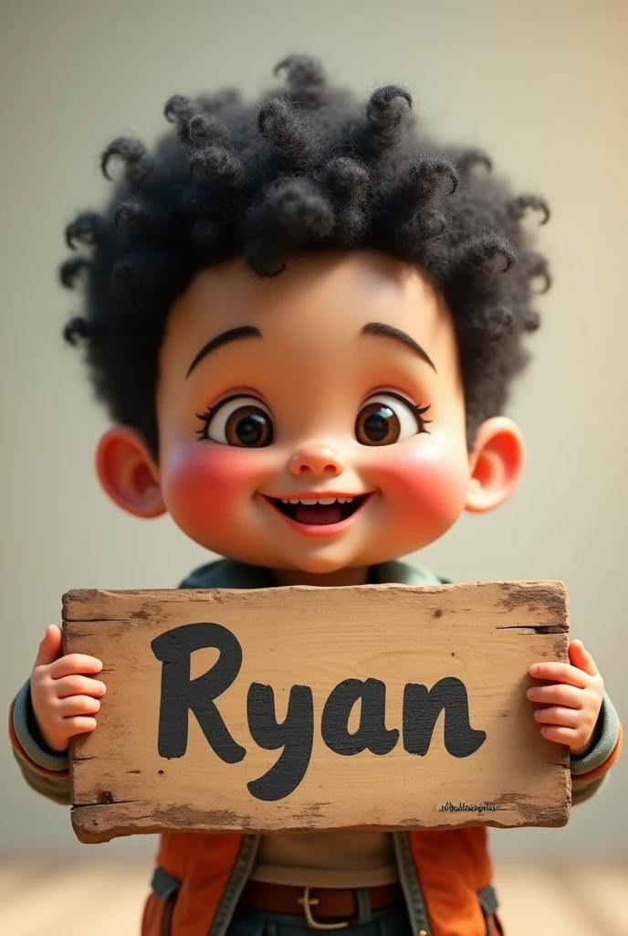 Make me a fatso, short haircut, dark yellow school shirt, crying disney pixar style with a sign that says: “KEVIN” with brown skin