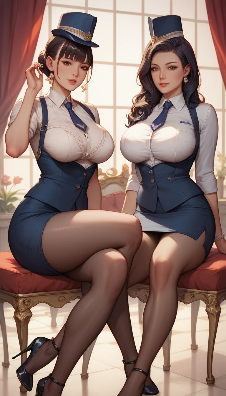 Best quality, mature woman, giant breasts, giant ass, very curvy, high ponytail, black eyes, full lips, seductive, principal uniform, black blazer, white button up, pencil skirt, exposed cleavage, lacy red bra