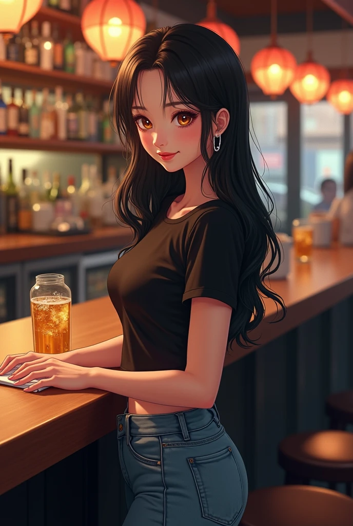 create an anime girl in a black miniskirt with white underwear 26 years old sitting on a bench wearing a low-cut blouse, white woman in tank tops and holding a jar of beer in a luxurious bar landscape
