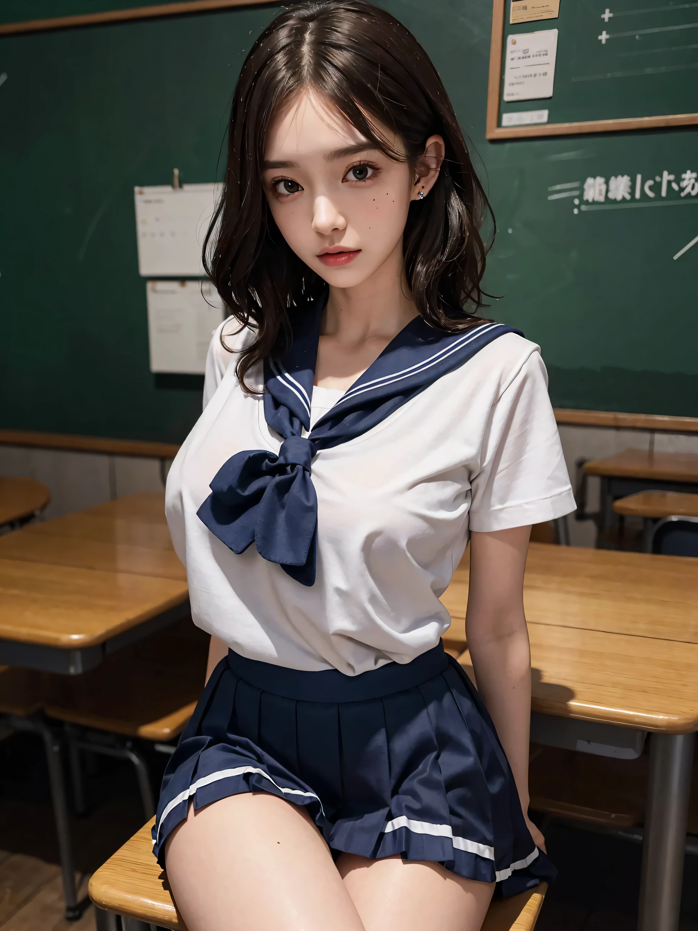 machineの角に股間を当てている、(short sleeve sailor suit:1.4)、（green pleated skirt:1.4）、(spreading her legs for the camera:1.5)、（open legs:1.5）、（camera angle from below:1.5）、（Showing off the inside of her skirt to the camera）、nipples are transparent、（I can see my pants:1.2）、((No makeup、looking at camera:1.2))、(realistic、Photoreal、super detailed、best detailed skins、highest quality、masterpiece、Super high resolution)、cute japanese woman、17 years old、high school girl、young girl、1 girl、have bangs、double eyelid、purity、double teeth、realistic肌タイプ、fluffy hair、red cheeks、（black hair）、bright classroom、（school classroom）、machine、Chair、bright atmosphere、8K RAW photo、High resolution、(very big round breasts:1.2)、beautiful eyes、detailed eyes、drawn in detail、long eyelashes、美しいdouble eyelid、beautiful and very thin legs、（Beautiful and very thin thighs）,simple necklace、extremely short skirts、Quite embarrassed look、red cheeks、troubled face、（The morning sun is shining）、short hair、blue sky
