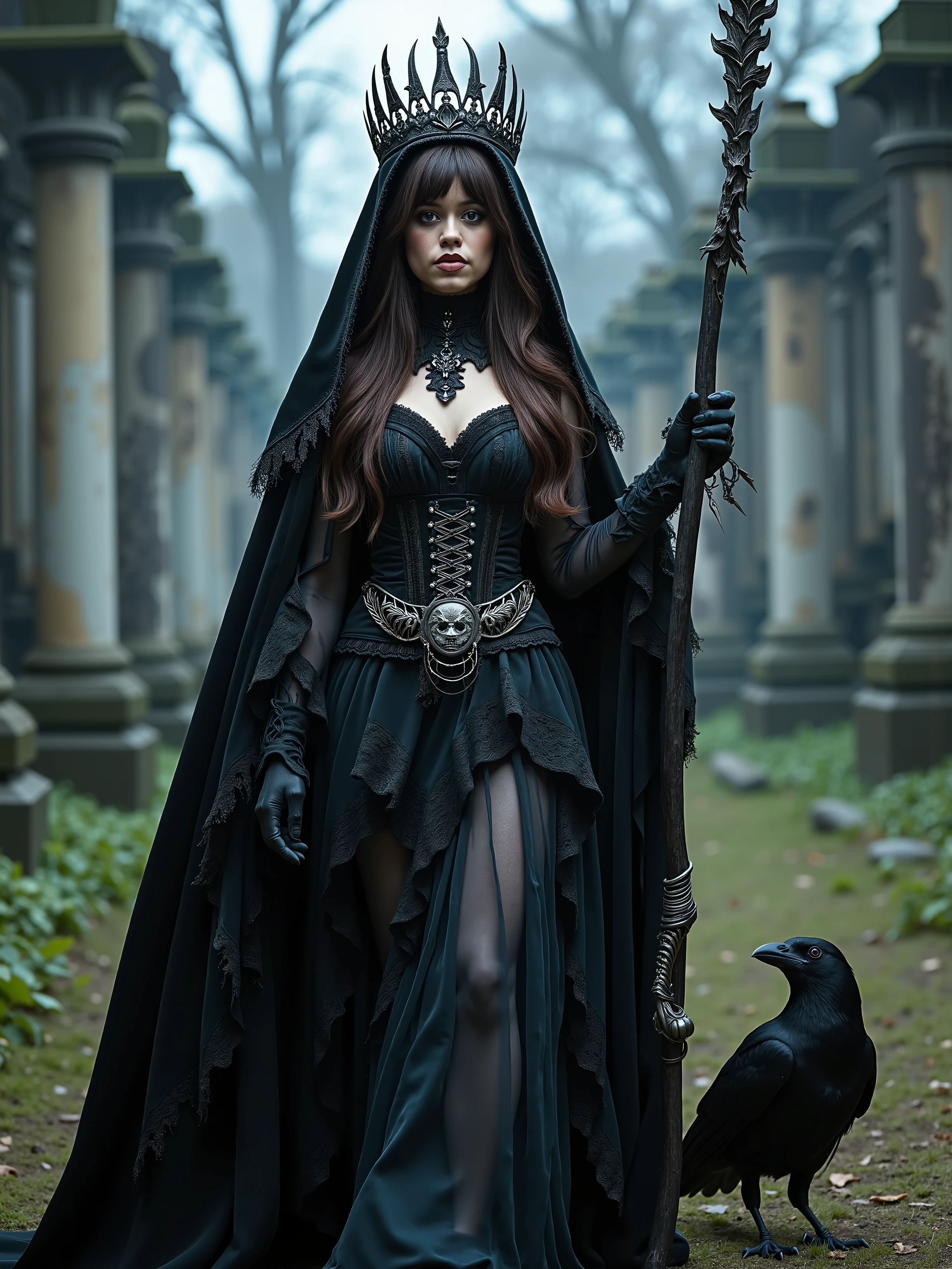 Jenna Ortega reimagined as a majestic dark gothic Tarot card Death walking and holding ceremonial scythe、1 female、 full body, cleavage,
Long, dark brown hair falls in loose, shadowed waves, partially veiled beneath a hooded black crown circlet shaped like withered thorns and skeletal wings. Piercing charcoal-gray eyes,
She wears an ultra-luxurious gothic cloak of black velvet layered with ash-gray silk, its surface embroidered with silver bones, faded roses, and crumbling hourglasses in dark thread. Beneath, a high-collared fitted gown of matte obsidian satin, laced with blackened metal corsetwork, is detailed with bone motifs and moth-wing lace overlays. The sleeves taper into clawlike cuffs, trimmed with charcoal beading and pale embroidery of falling petals.
Her skirt, long and flowing, trails into the mist with layers of torn tulle and sheer veils, subtly glittering with tiny jet beads shaped like skulls and stars. A belt of linked silver vertebrae, fastened with a crescent clasp, wraps her waist like armor,
In Her Hands Holding A long, ceremonial scythe, its blackened blade etched with ancient death sigils and silent prayers, the handle wrapped in tattered velvet and bone charms,
big breast, alluring, shows her female character's full figure, athletic body, perfect face, full body, extremely beautiful, goddess, female shape, perfect anatomy,
The background showcases ancient stone ruins under a moonless night sky, shrouded in low, creeping mist. A raven stands at her feet, eyes glowing faintly, while broken statues and vine-wrapped tombs loom in silence behind her,
, photorealistic, masterpiece, realistic, high contrast, 8k, HD, high definition, hyper detailed, realistic skin texture, best quality, very detailed eyes, dramatic lighting