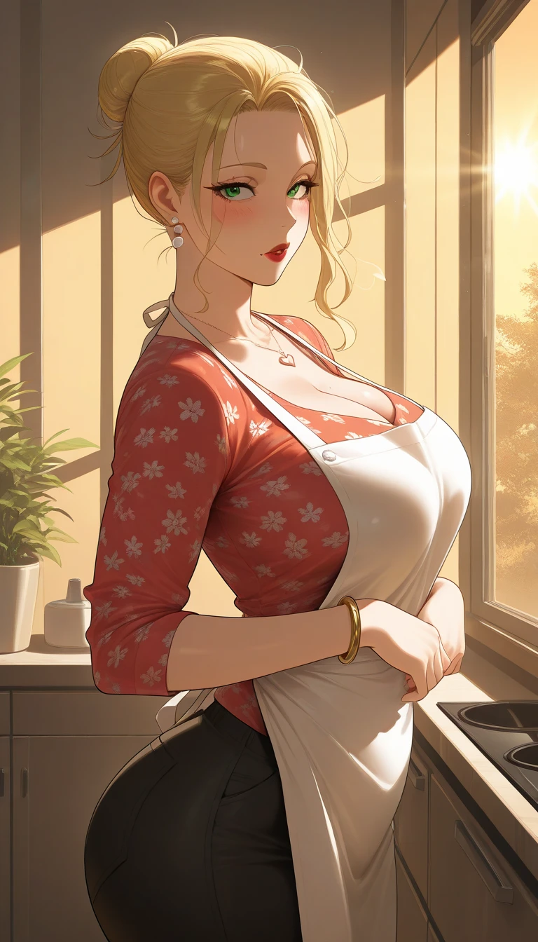 haruno sakura from the anime naruto, pink hair, short hair, wearing mascara, ponytail, perfect body, perfect breasts, beautiful woman, very beautiful, wearing red pajamas, nightgown, pajamas, wearing a watch wearing earrings, in the kitchen , dry kitchen, Realism, masterpiece, textured skin, super detail, high detail, high quality, best quality, 1080P, HD, 16k