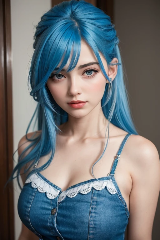 Blue-eyed moon elf, high, with good figure, beautiful, blue hair, White skin , Red lips