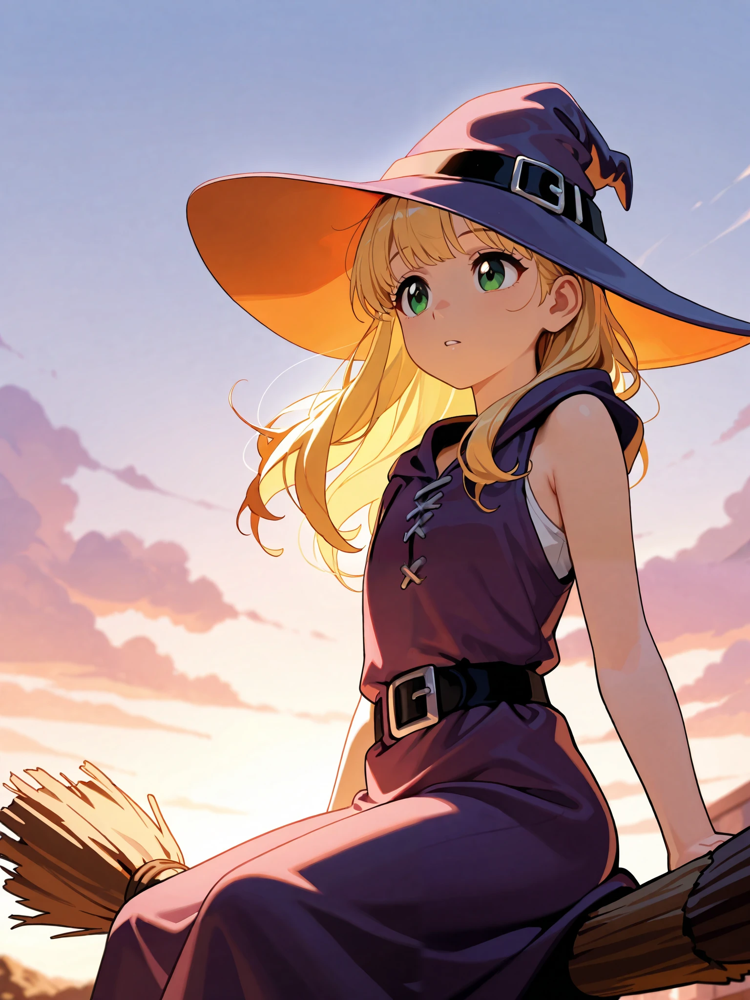 (masterpiece), top quality, completely complete, solo, small, Light color,
long hair, wave hair, short bang, Blonde Hair, green eyes, Flat chest,(witch:1.5),(purple mage robe:1.2), small pointy hat, The inner is a white sleeveless shirt,
(The witch is straddling a broom and flying through the sky at super high speed:1.6), Twilight zone before dawn, Shade,
