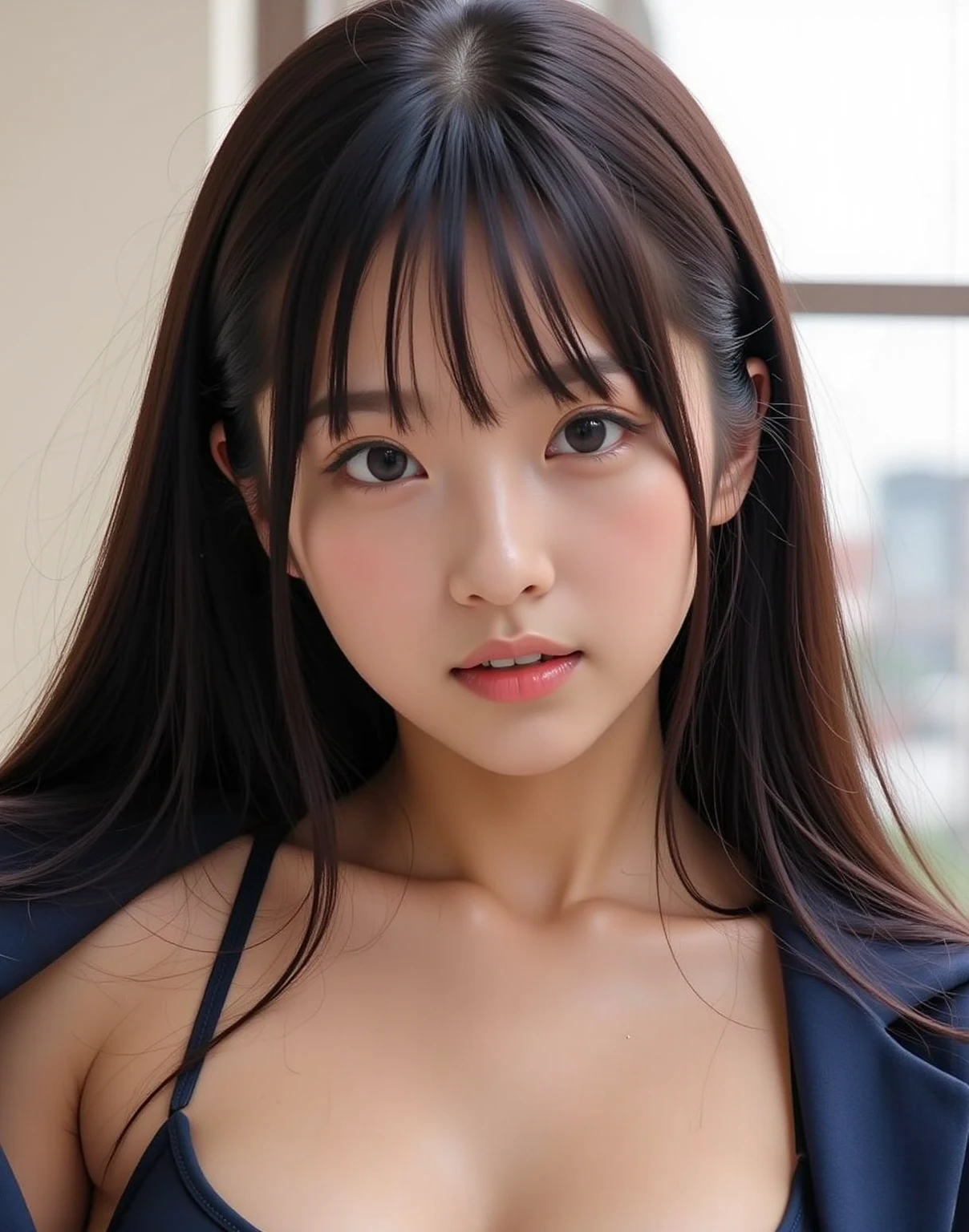 high definition image, bust portrait, ((round face)), eyes realistic sizing, drooping eyes, smiling, small breasts, unbuttoned cardigan, (((large swollen areolas, nipples))), (closeup breasts, armpit, angle from breasts below), braid, streaked hair, (ecstasy face), ((on the street, trees, medieval European buildings, big sky, clouds)),