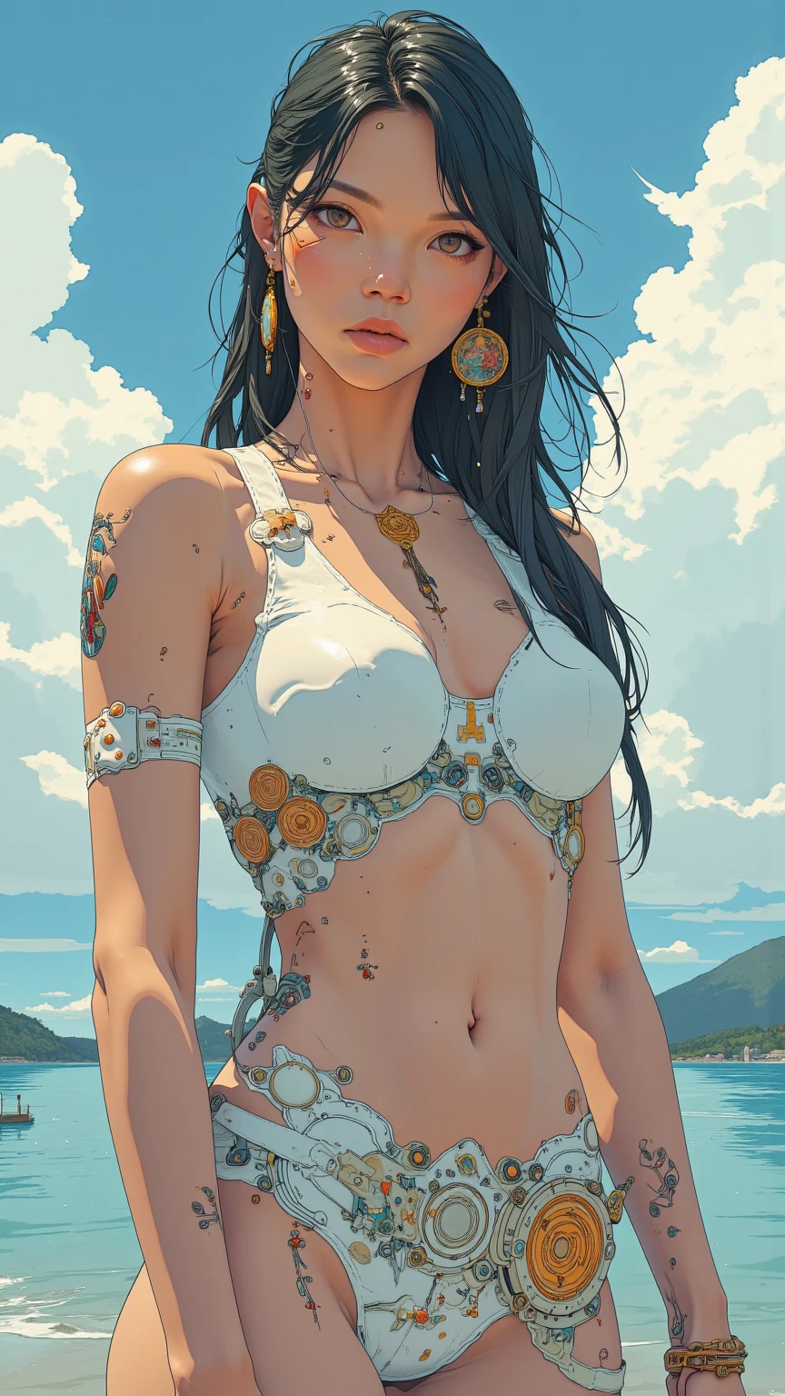 award winning digital art, half body portrait of a beautiful woman in a silk Tang dress, navy blue teal hairstyle, head in motion and long hair flying, big smile, sparkling eyes, in a flower field, golden sunset, particles dust, glitter, paint splashes, splatter, outrun, shaded flat illustration, digital art, trending on artstation, highly detailed, fine detail, intricate