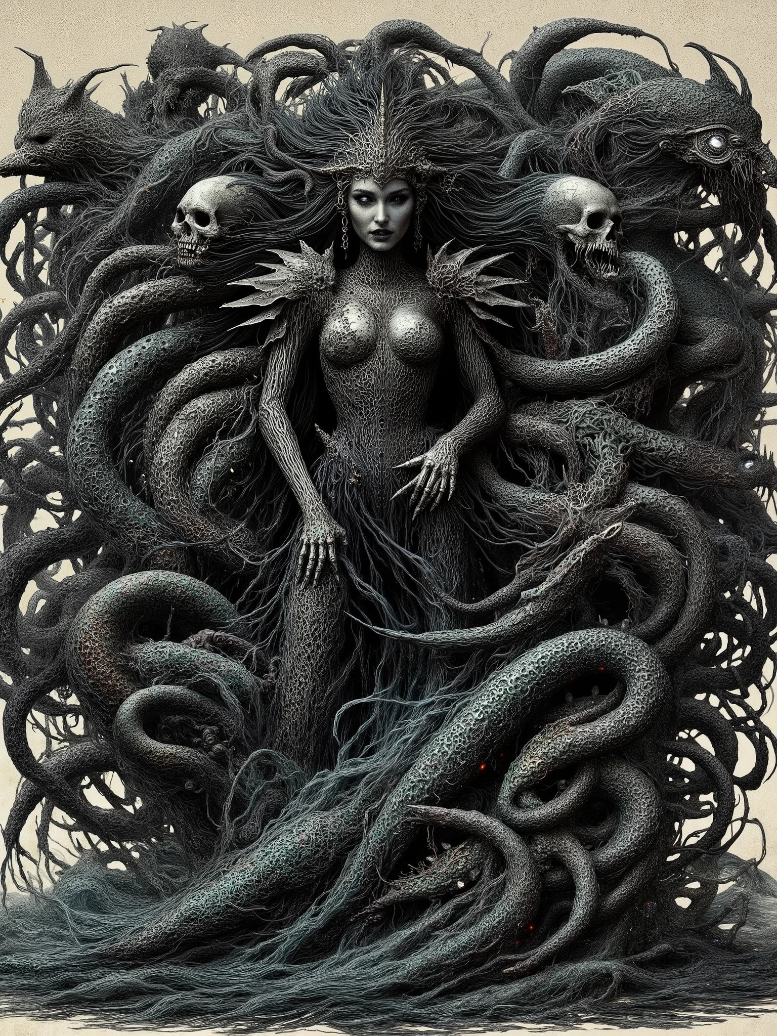 A tangle of humanoid torsos braided together with black floral bone, each face whispering conflicting truths. A terrifying biomass that wriggles and shakes.