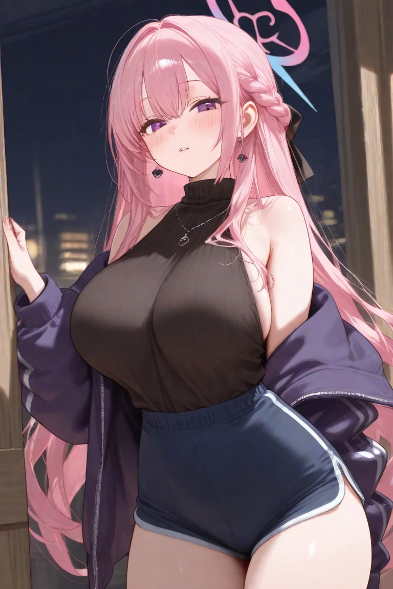 1girl (masterpiece, round_iris, extremely crisp crystalline shiny purple eyes, perfect_anatomy, extremely_captivating_hypnotic_mystic_eyes, ) perfect face, long pastel pink hair, smiling evil, big breasts, big buttocks,stockings and skirt, videogame store, japanese store,  gamer girl,  room, dynamic pose, best quality, 4k