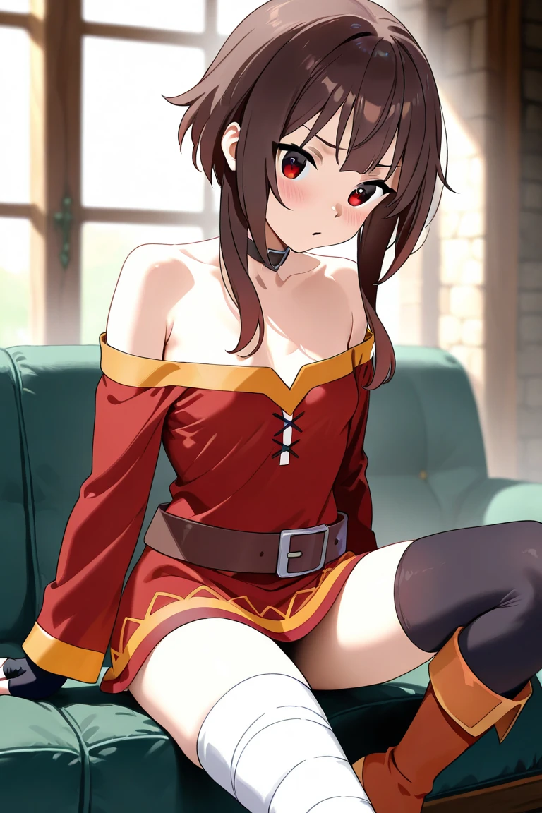 Artgerm, table, Best quality, extremely detailed, table, Best quality, Megumin, 1 girl in, bare shoulders, nude, Sex pose, elastic , beautiful buttocks, стоит опершись о table, nude, very sexy, Black e.g, black gloves, black hair, e.g, necklace, clavicle, dress, hair between eyes, It has, long sleeves, I look at the viewer, Medium hair, off shoulder dress, off the shoulders, Red dress, Red eyes, side locks, One, witch hat, in room
