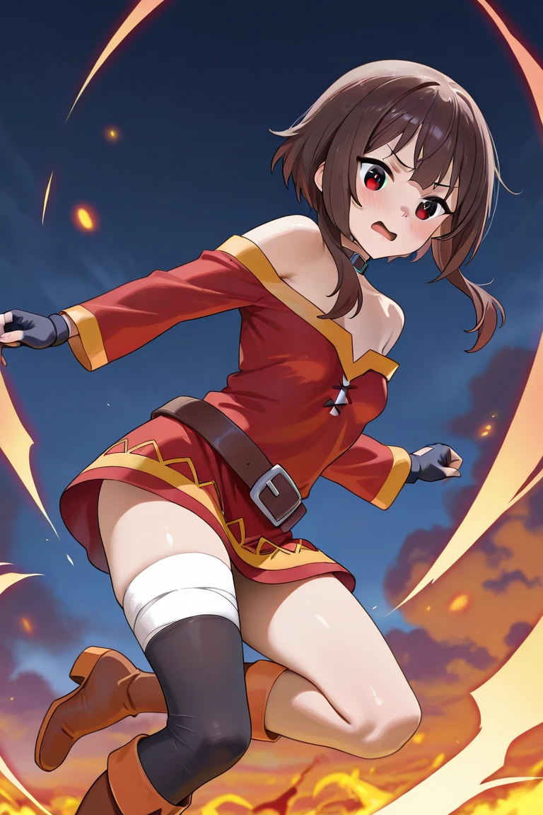 Show your armpits,(masterpiece, highest quality, detailed background, intricate details), 1 girl, Megumin, short brown hair, dress, red dress, have, witch have, belt, choker