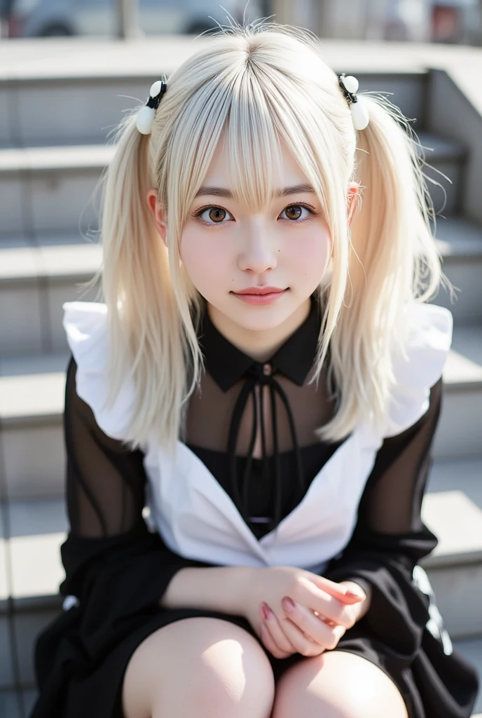 Blonde girl with black bow tie and white top, real life anime girl, radical Lolita girl portrait, magical Lolita girl portrait, anime girl cosplay, realistic young gravure idol, shot in Canon EOS 5D Mark IV, loli in dress, cat boy cosplay! Maid! dress, cosplay photo, loli, sakimi-chan, girl receiving the wind in the meadow,