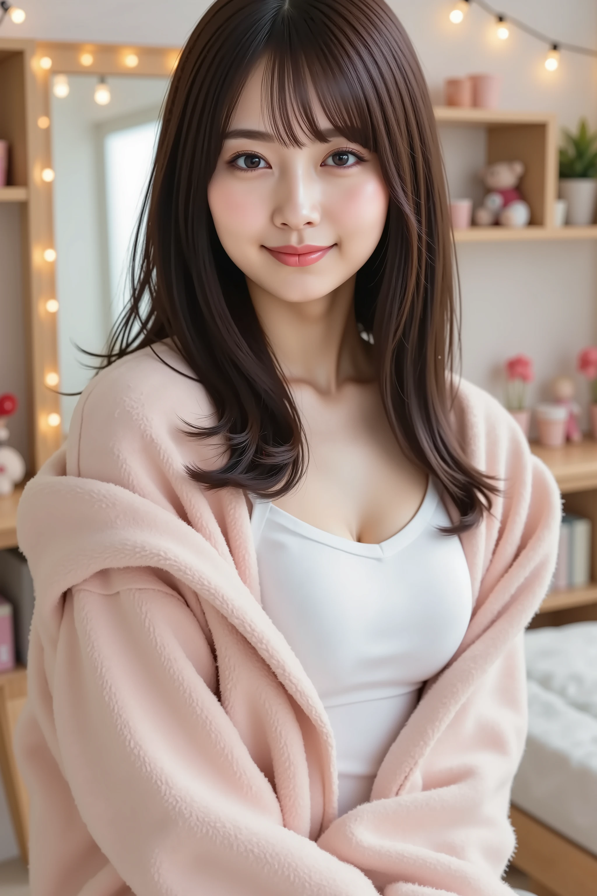 Big breast, A highly detailed, ultra-realistic digital illustration of a beautiful young Asian woman captured in a medium close-up shot, ensuring her entire head is visible with appropriate headroom while focusing on her from the thighs up. Her long, flowing black hair cascades down her back in soft waves, with delicate bangs framing her face. She has clear, luminous skin and a warm, slightly playful expression, her deep eyes conveying a sense of comfort and relaxation. She is depicted from the waist up, ensuring her entire head is within the frame. 

She wears a cozy, slightly oversized hoodie in soft pastel tones, the hood resting gently against her back. The fabric appears plush and warm, with subtle folds and creases adding realism. The sleeves extend just past her wrists, giving a relaxed, casual fit. The hoodie is unzipped slightly, revealing a simple, fitted top underneath. The overall outfit exudes a sense of warmth and everyday comfort.

The background showcases a beautifully decorated, feminine bedroom with a charming, cozy atmosphere. Soft lighting from fairy lights draped along the walls casts a warm, inviting glow. A neatly made bed with pastel-colored blankets and plush cushions is visible, alongside a small wooden desk adorned with books, a laptop, and decorative trinkets. A full-length mirror reflects part of the room, enhancing the sense of space and depth. Shelves lined with cute stuffed animals, small potted plants, and delicate ornaments add to the room's cozy, personalized charm.

The composition is well-balanced, with the subject slightly off-center to allow an appreciation of both her appearance and the comforting ambiance of her bedroom. Rendered in stunning 8K resolution, the image captures every intricate detail with pristine clarity, from the soft texture of her hoodie to the gentle glow of the room’s ambient lighting.