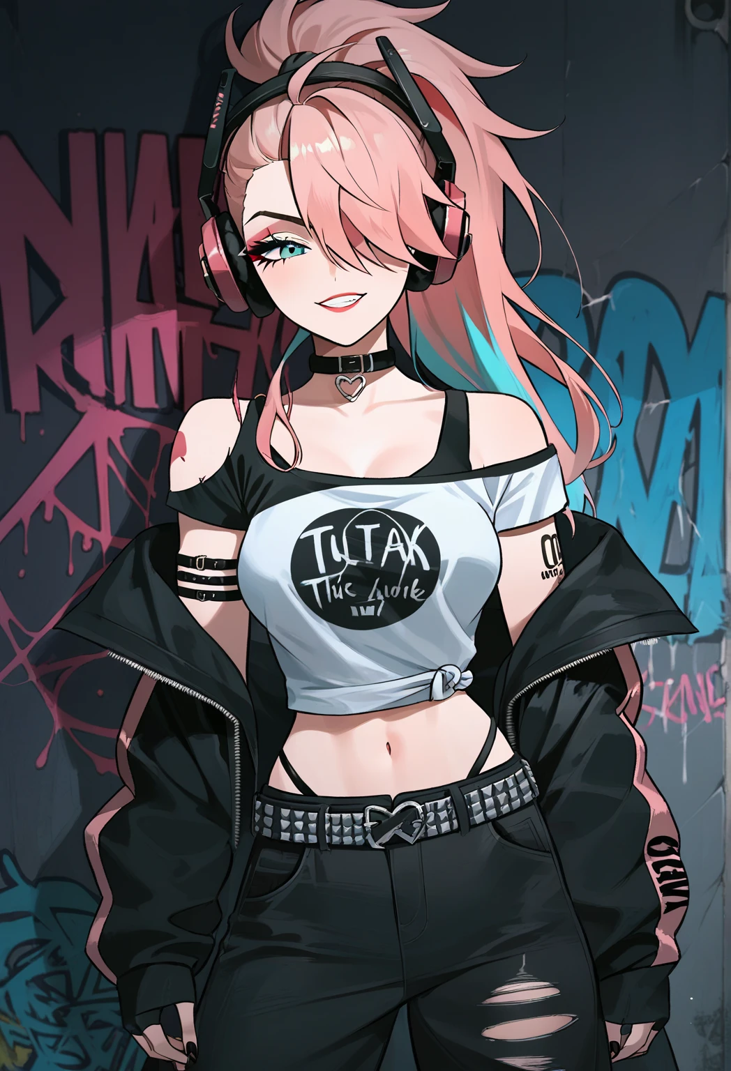 Masterpiece, raw,  beautiful art, professional artist, 8k, art style by sciamano240, very detailed face, very detailed hair, 1 woman, perfectly drawn body, beautiful face, long hair, pink hair , very detailed green eyes , rosey cheeks, intricate details in eyes, playful smile, looking directly at viewer , in love with viewer expression, lipstick, wearing rock clothes, black crop t shirt, short black pencil skirt, thigh boots,  standing on stage, playing electric guitar, concert setting, very close up on face, 