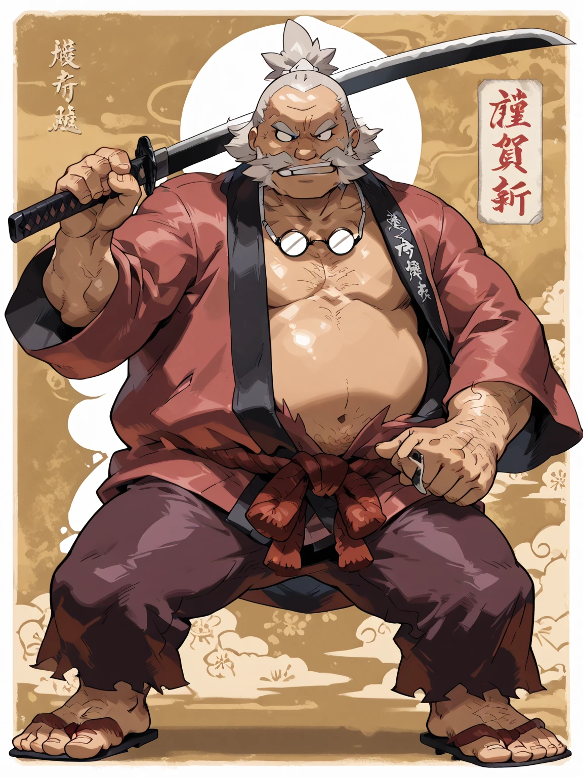 Wolf, By Haps 1boy, abs, animal ears, bara, bulge, full body, white background, Seminude, Kimono, side, Standing, feet, holding Katana,