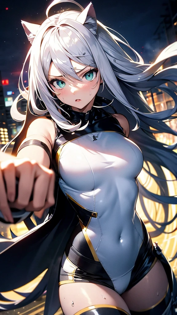 ((masterpiece)), ((best quality)), ((best illustration)), ((ultra-detailed)), 1 lady, solo, teenager, absurdly long hair, silver hair, straight hair, ((blue eyes)), ((hyper detailed eyes)), ((hyper detailed face)), gloomy face, holding cybernetic weapon, lonely, looking at viewer, business suit, ((off shoulder)), ((miniskirt)), bare legs, thin body, thin arms, long arms, standing, cowboy shot, side view, urban, night, backlight