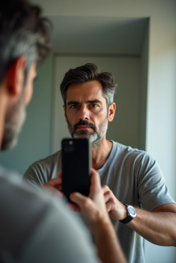 I want a real photo of a guy who just finished taking a shower and takes a photo of his wet hair