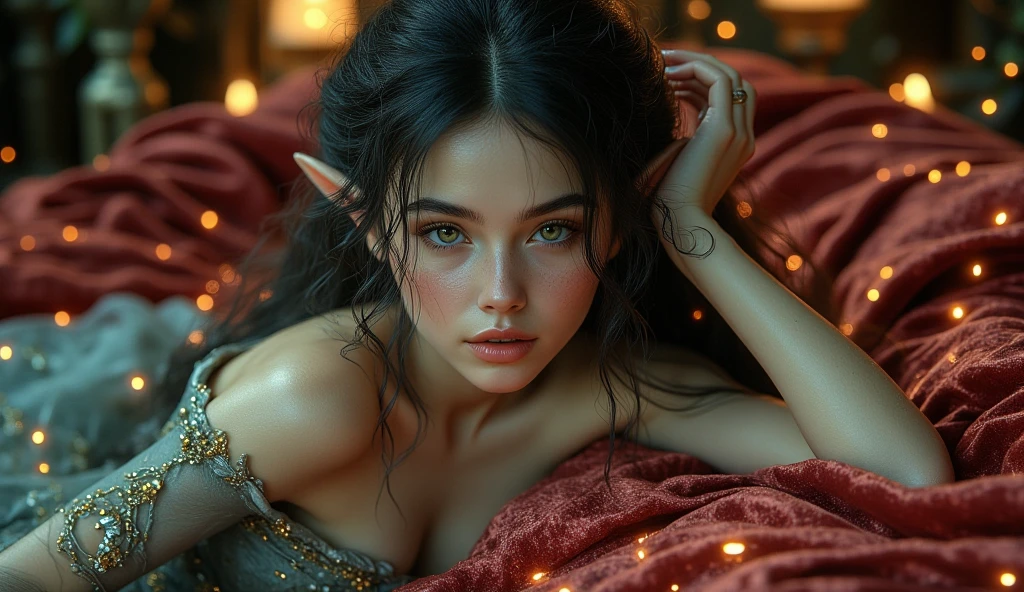 Artgerm (Stanley Lau) Style, Retro-vintage aesthetic, best quality, 16k, crazy resolution, UHD, ultra-detailed, detailed eyes, detailed skin, detailed hair, detailed face, detailed fabric, detailed texture , (1 beautiful young woman, alone: 1.1), elf (elf girl), orion girl from star trek ((Sharon Tate (The Fearless Vampire Killers)), full green skin, realistic skin texture, green skin, hair fringe, red-haired, dark-golden hair, pointed ears, ornament hair), natural breasts, (sideboob:1.2), jewelry, (pleasure eyes look), cowboy shot, V-shaped real eyes, ((hourglass shape)), hot naked, (Blurred in vibrant cinematic light), warm atmosphere, Show all, ultra-detailed, fine details, nude, hot waist, (proportional) hot hips, thick thighs, Natural Color Lip, face with expression of pleasure and tiredness , different sex (being fucked) poses at different angles, gothic dark bedroom with cinematic lights (blurred background)、20 years old、dream atmosphere