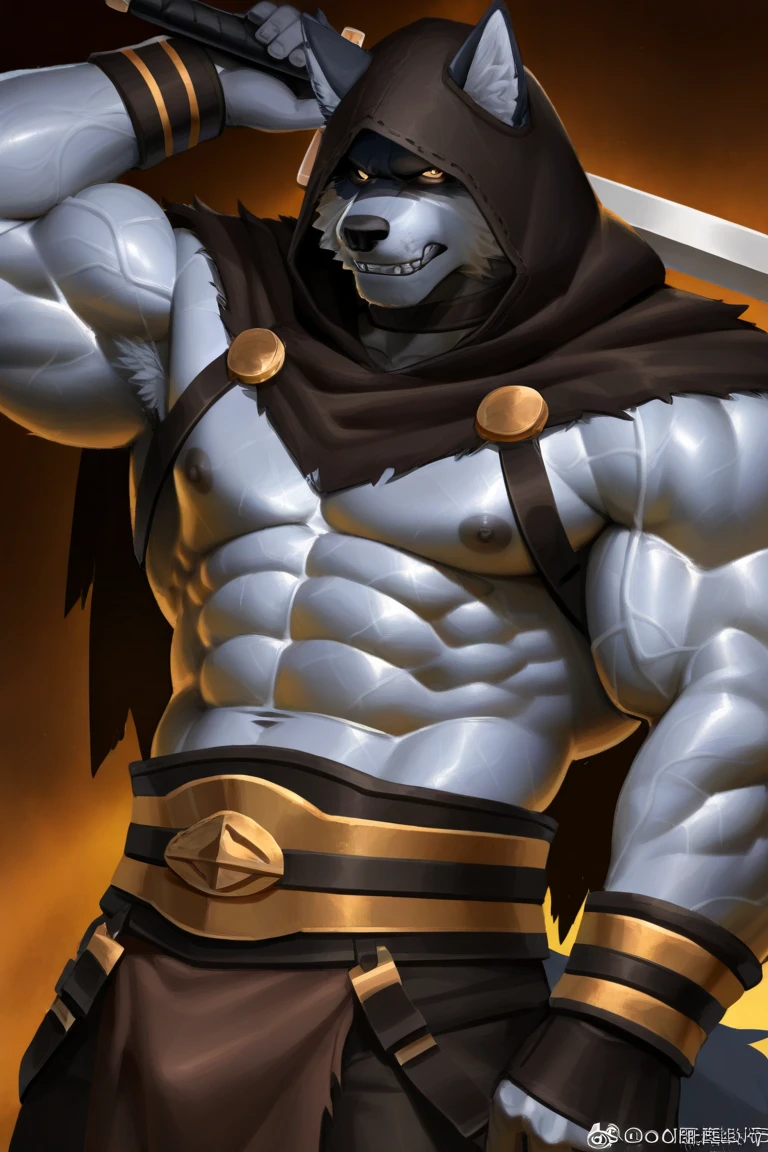 A muscular Minecraft wolf wearing a red pet collar with a gold tag and a wolf paw symbol, dressed in black underwear, holding a diamond sword, covered in fur