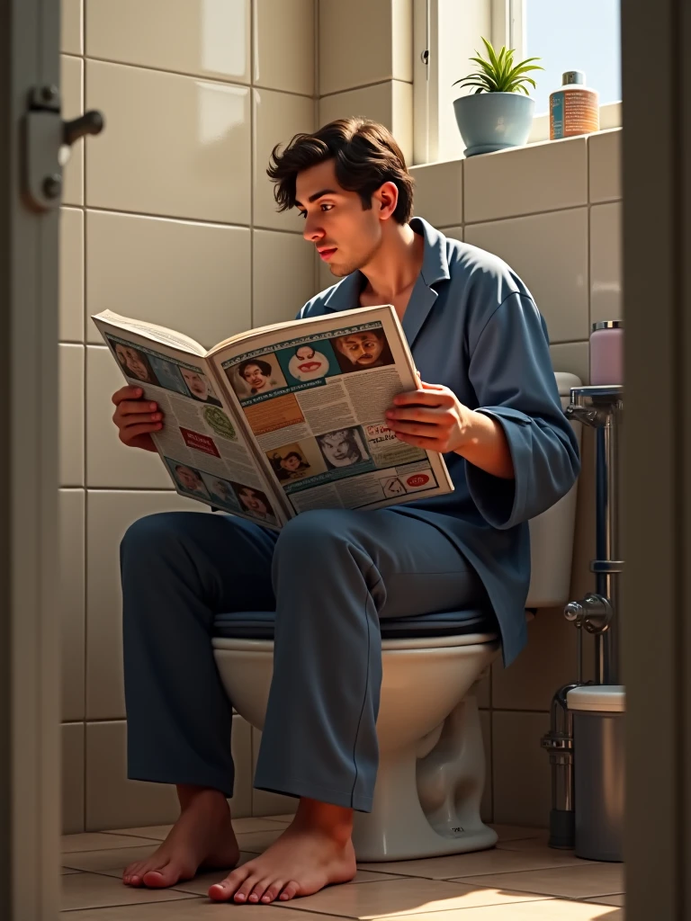 drawing of a man sitting on the toilet, reading a large newspaper , no pants, no underwear