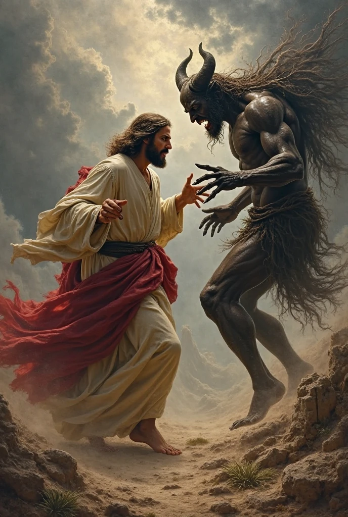 /imagine Sentence: "In an intense battle scene, Jesus and Satan are locked in a cosmic struggle, symbolizing the eternal conflict between good and evil."

Prompt: "A dramatic battle scene with Jesus and Satan facing off in a cosmic struggle. The scene symbolizes the eternal conflict between good and evil, with a stark contrast between light and darkness."
Sentence: "Jesus stands on one side, bathed in a radiant, golden light that seems to emanate from his very being."

Prompt: "Jesus standing on one side, surrounded by a radiant, golden light that shines from his body. The light is warm and bright, symbolizing purity and divinity."
Sentence: "He is depicted in traditional robes, but his demeanor is fierce and resolute, showing both compassion and strength."

Prompt: "Jesus dressed in traditional robes, with a fierce and resolute expression. His eyes show both compassion and strength, ready for the battle ahead."
Sentence: "In one hand, he holds a glowing sword, forged from light, representing truth and righteousness."

Prompt: "Jesus holding a glowing sword in one hand, the blade made of pure light. The sword represents truth and righteousness, with a divine aura around it."
Sentence: "His face is calm but determined, eyes piercing as they focus on his adversary."

Prompt: "Close-up of Jesus' face, calm but determined, with piercing eyes that focus intently on his adversary. His expression is both serene and powerful."
Sentence: "Opposite him, Satan is surrounded by shadows and dark flames, a figure of terrifying power."

Prompt: "Satan stands opposite Jesus, surrounded by swirling shadows and dark flames. His form is imposing and terrifying, exuding a sense of malevolent power."
Sentence: "His form is twisted and demonic, with a muscular, almost monstrous build."

Prompt: "Satan's twisted, demonic form with a muscular, monstrous build. His body is warped and intimidating, emphasizing his evil nature."
Sentence: "His skin is dark and cracked, with red eyes glowing o