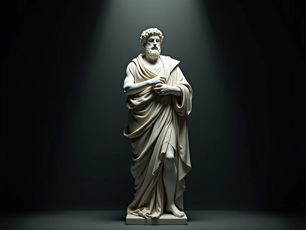 Create an inspiring 8K image depicting a 3rd century Greek philosopher.C., immortalized as a statue. Ambiente a cena em um ambiente sombrio e misterioso, with the figure of the philosopher blurred, but enigmatically illuminated by epic lights and shadows. The resulting image should exude the aura of deep contemplation and wisdom.