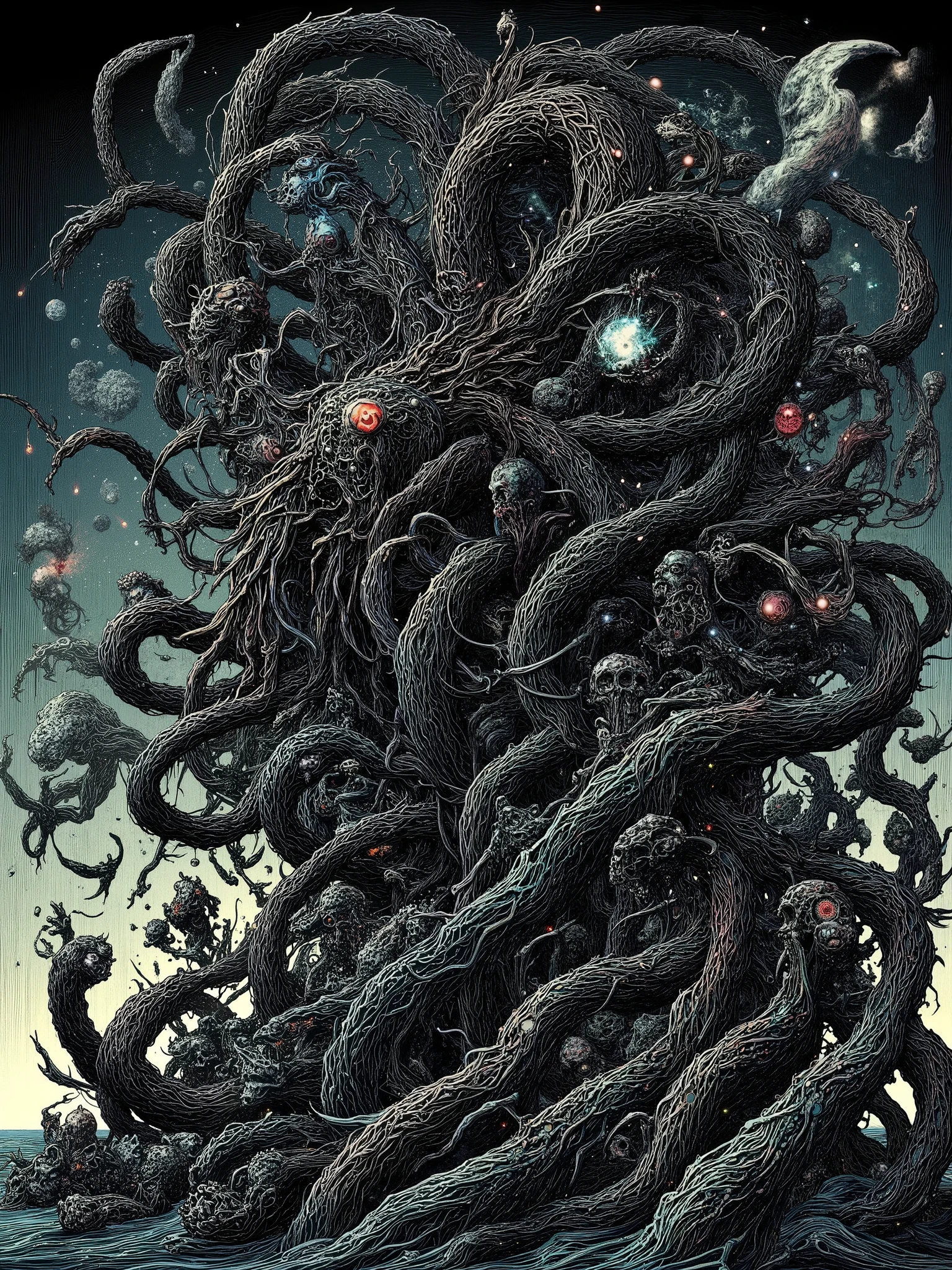 A tangle of humanoid torsos braided together with black floral bone, each face whispering conflicting truths. A terrifying biomass that wriggles and shakes.