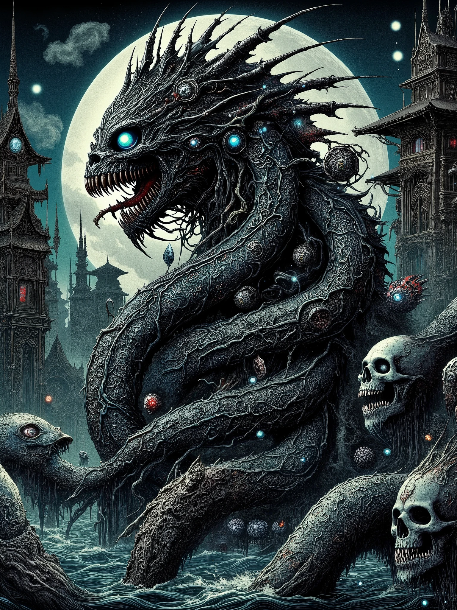 A tangle of humanoid torsos braided together with black floral bone, each face whispering conflicting truths. A terrifying biomass that wriggles and shakes its way through a medieval city street.