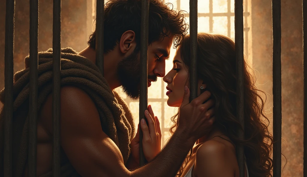 An intimate scene between Samson and Delilah, with a seductive atmosphere. Dalila has a manipulative look, while Samson looks confused and vulnerable. The background is dark, with soft light focusing on both.