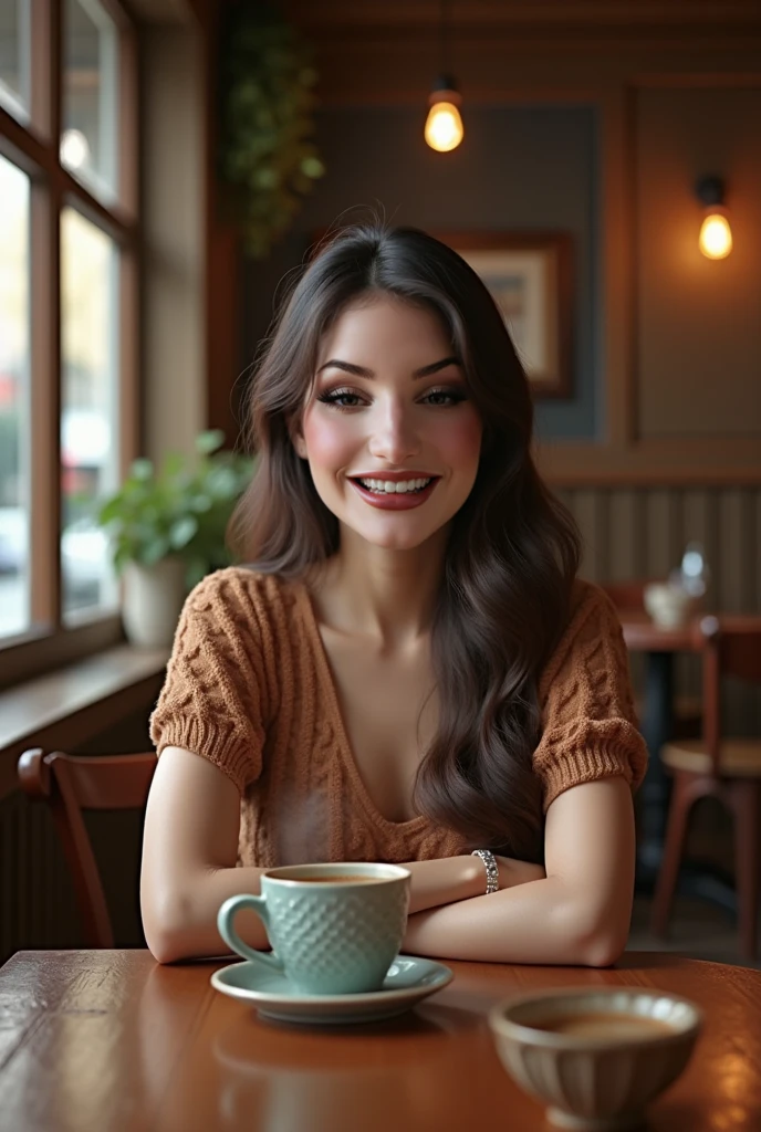 ((mulher ruiva)), ((olhos castanhos)), ((Etnia polonesa:)), enjoying a casual coffee, sitting in a vintage café), Atmosfera relaxada), ((drinking coffee)), ((Classic interior design)), comfortable seats, luz solar fluindo pelas janelas, Ambiente elegante e atemporal, detalhes delicados), ((sorriso sutil)), (beleza natural), (Charme Feminino), tons de cores quentes:1.1), (Foco suave:1.2), (realistic lighting), cup of coffee in hand, conversa de fundo moderada, (Detalhes bem trabalhados), (nostalgic feeling:), (caseiro e convidativo),