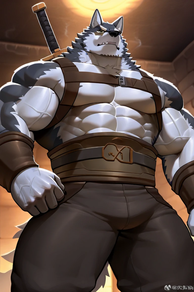 burly virile hairy man, with two wolf ears and a bushy tail, in a suit of armor, middle-aged, hirsute, overmuscular and musclebound, bulging veiny muscles, a warrior's build, a bodybuilder's physique, long bushy and a thick mustache, a square jaw, handsome and dreamy, grey hair, a knight clad in full armor