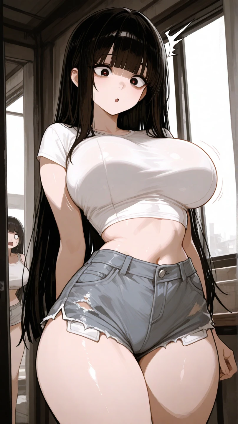masterpiece、Highest quality、Best image quality、High resolution、Big Breasts、White tank top、jeans、Black Hair、Long Hair、Brown eyearried Woman、Nobody is here、One straight road、30th Generation、woman、Nobody is here