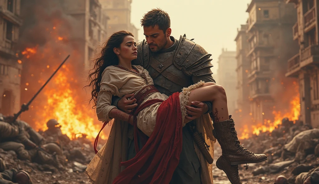 An arrow-riddled soldier kneeling and protecting a woman