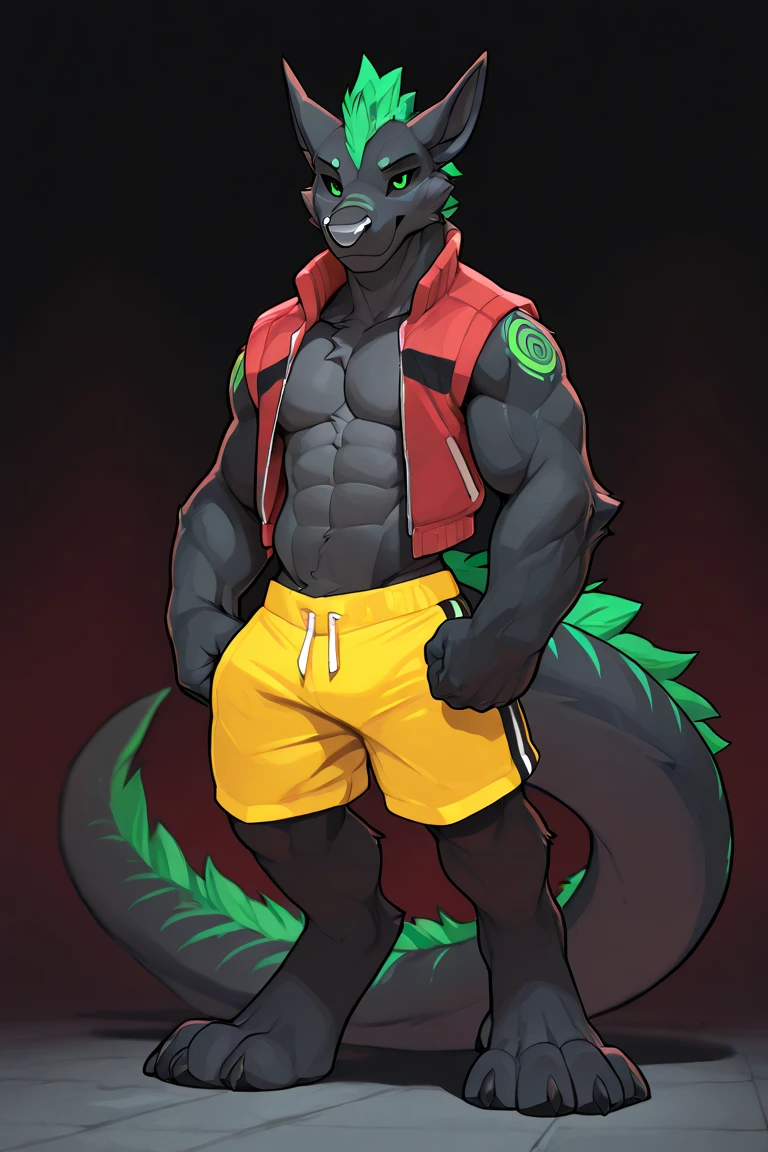 (((shining green magic tattoos all over his body))), hi res, (shark), anthro, 4 fingers, main body black colour, flex, ((two-tone black and white body)), hidden eyes, ripped camo workout shorts, (red cap), baseball cap covering eyes, male, muscular, muscular anthro, muscular male, big tail, tail has gold piercings, rubbery skin, outside, plant, sea, solo, city, (graffiti), detailed background, by shockjaws, by milkytiger1145,by null-ghost, warm atmosphere, open smile