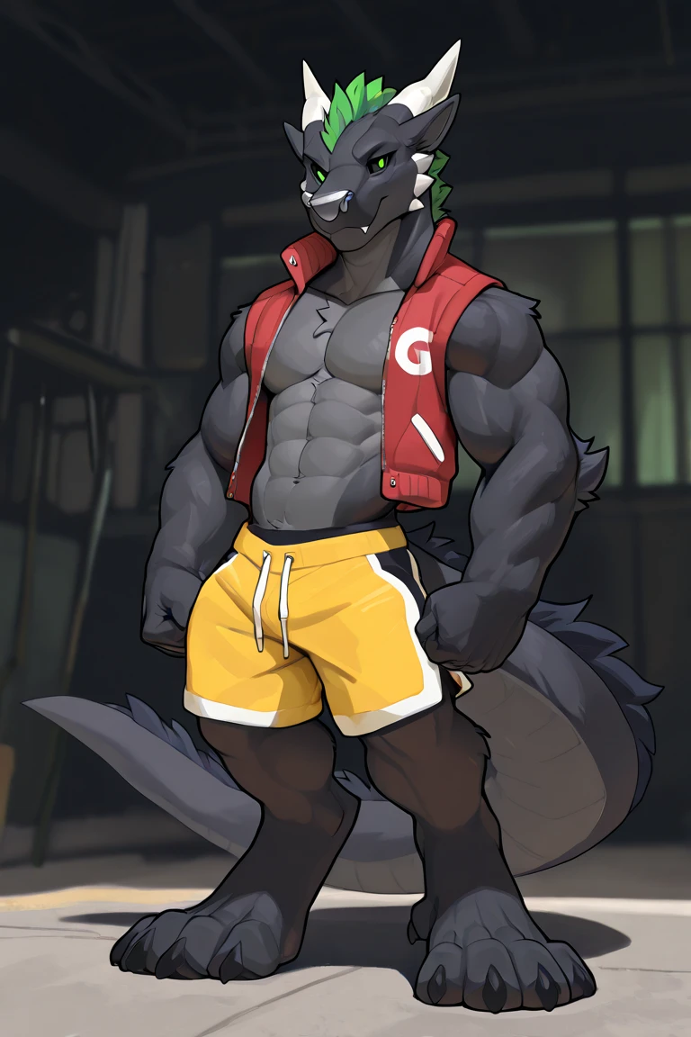 (((shining green magic tattoos all over his body))), hi res, (shark), anthro, 4 fingers, ((two-tone black and white body)) no eyes, ripped camo pants, (red cap), baseball cap covering eyes, male, muscular, muscular anthro, muscular male, big tail, tail has gold piercings, rubbery skin, outside, plant, sea, solo, city, (graffiti), detailed background ,by milkytiger1145,by takemoto arashi,by null-ghost, warm atmosphere, open smile, by shockjaws