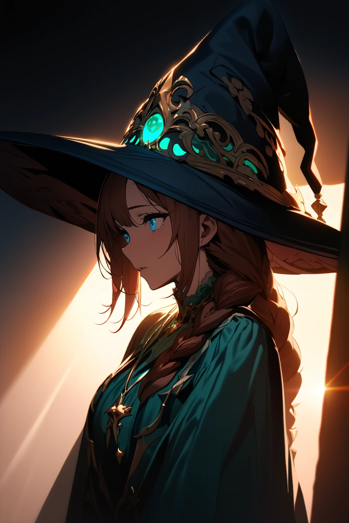 (masterpiece, best quality, ultra-detailed, best shadow), (dark fantasy), high contrast, (best lighting, extremely delicate and beautiful), ((cinematic light)), colorful, hyper detail, dramatic light, intricate details. Tall age girl, reddish brown hair with a long braid, cyan blue eyes, gentle and soothing countenance, witch clothes, gold pendant with emerald attached to the hat