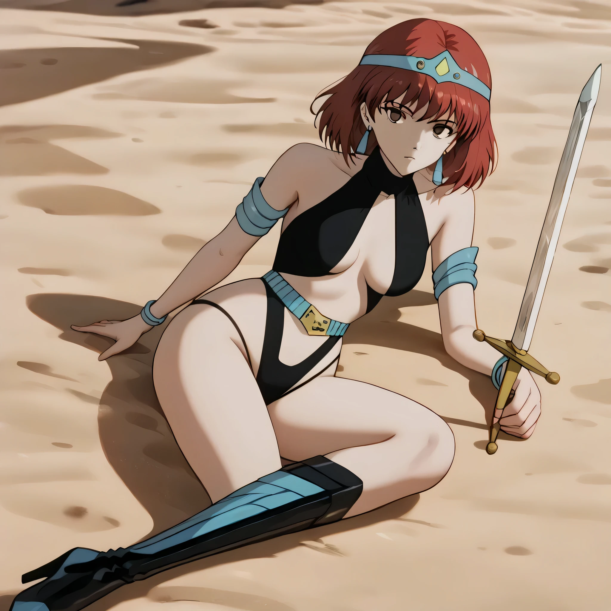 (((Masterpiece))), (((Best Quality))), ((Super Detail)), ultra-High resolution, score_9,score_8_up,score_7_up,score_6_up,score_5_up,score_4_up, BREAK, source_anime, anime screencap, uncensored, rating_explicit, Masterpiece, (best shadow), (absurdres), (detailed background), (very aesthetic), shiny, detailed beautiful eyes, outstanding, countershading, detailed soft lighting, an exquisite animation illustration, curvy, dark persona, empty eyes, expressionless, blank eyes, looking at viewer, full body, emotionless, Fighting Stance, horizontal pupils, (((black leotard, clothing cutout))), high heel boots, knee boots, circlet, armlet, bracelet, belt, halterneck, (((solo, 1girl))), hair ornament, seductive pose, submissive pose, medium breast, retro, retro artstyle, Nausicaa, BROWN HAIR, red hair, MEDIUM HAIR, BROWN EYES, earrings, sand background, desert background, lying down on wall, wall, lying down, sword, holding sword