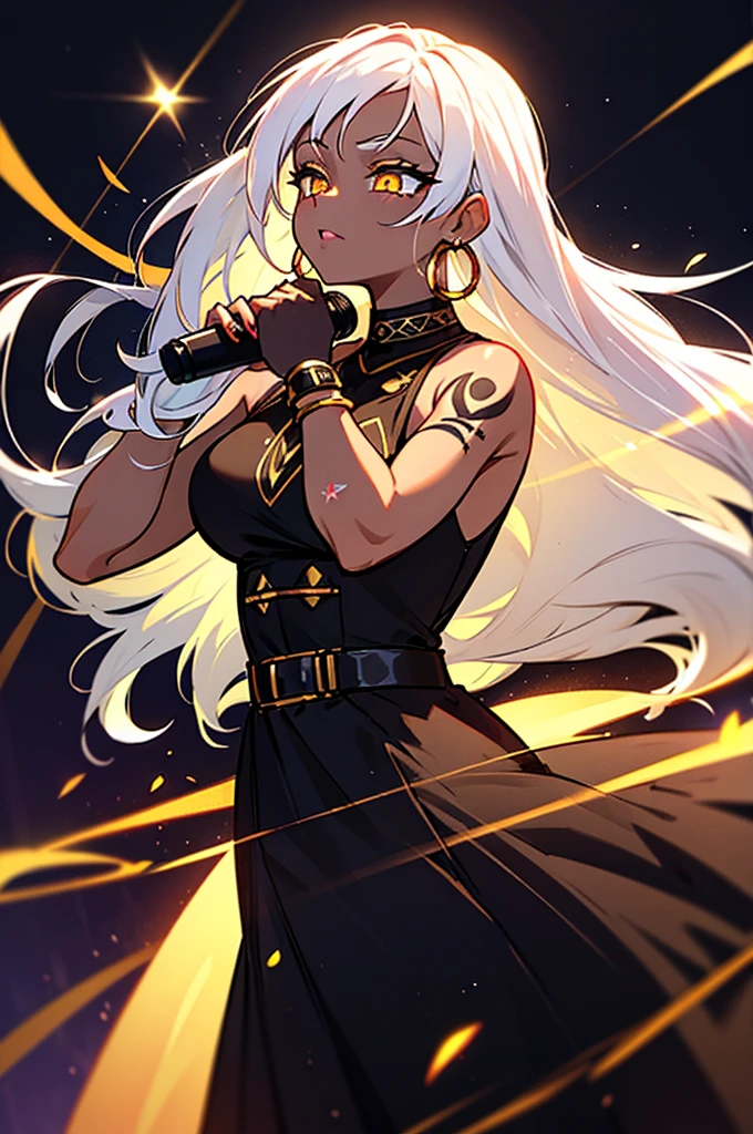Irisviel,black with golden dress sleeveless,solo with wool around neck,looking at viewer,beautiful smile,arm at side,middle size of breast,beautiful necklace,hands up with smile,