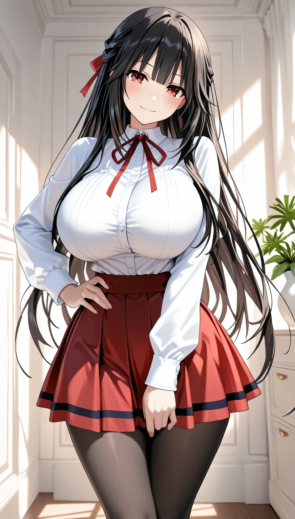 Masterpiece, source_anime, top-quality, perfect anatomically, correct anatomy, sharp focus, 4K,8K, 2D, 1girl, solo, Tokisaki kurumi (Date a Live), beautiful face girl,elegant yet sexy girl, long hair, black hair, straight hair, Blunt bangs, half updo hairstyle, big breasts (big breasts:1.4), sexy yet lewd large hips, curvy shape, fair skin, perfect waist to hip ratio, (wriggle hip:1.3), red eyes, knees together, head tilt, light smile, light-blush on face, Looking at viewer, white blouse, long Sleeves, neck ribbon (red ribbon), high waist mini skirt (red skirt, pleated skirt), black pantyhouse, indoors, White theme, Private room, Decorative mini plants, Daytime, standing, one hand on own hip, one arm at side, front view, tall:1.3, adult (18 years old female)