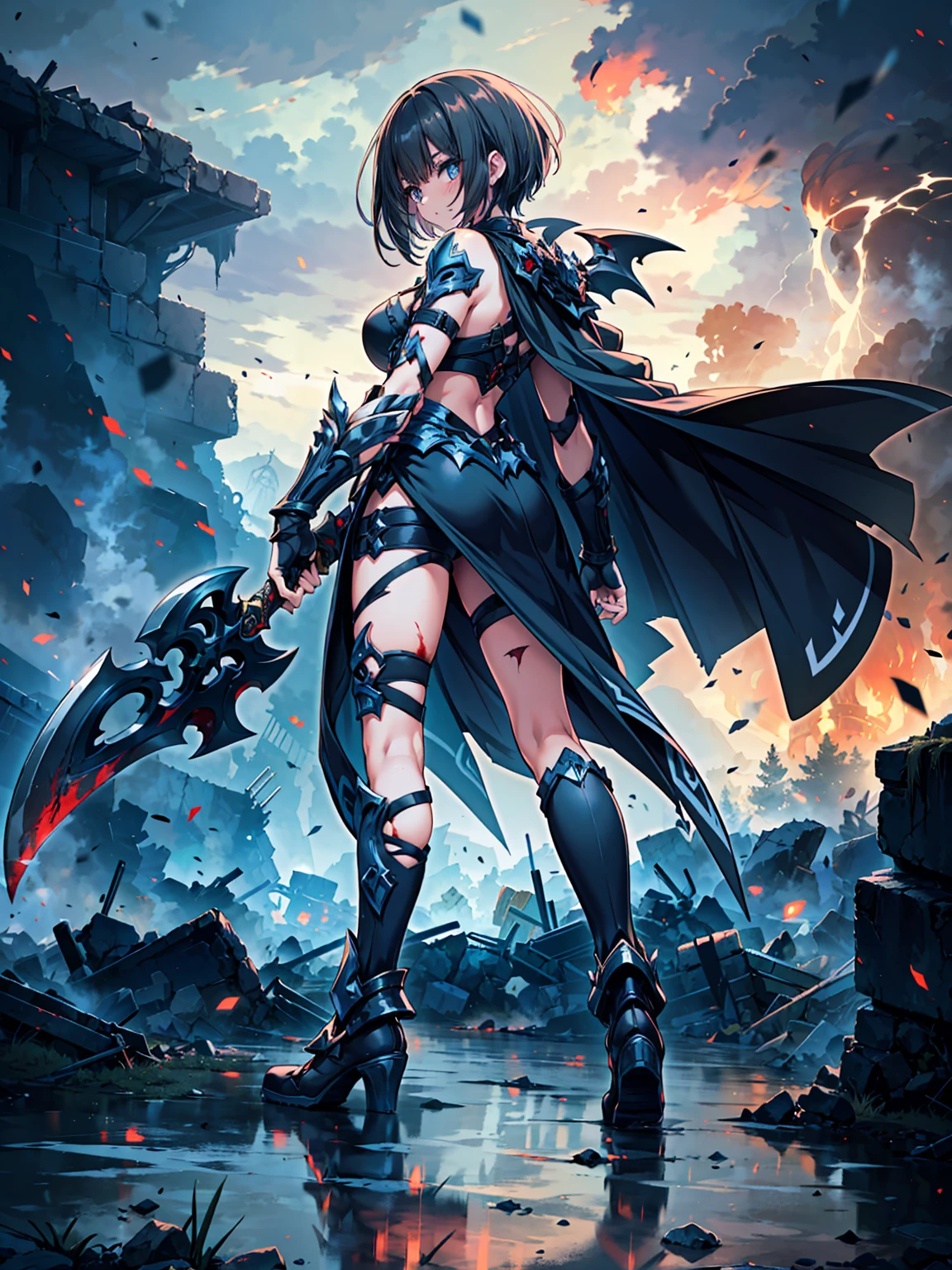 best quality, masterpiece, dark skin, warrior woman wearing skull armor, (smoldering city debris background), (shimmering armor) --auto