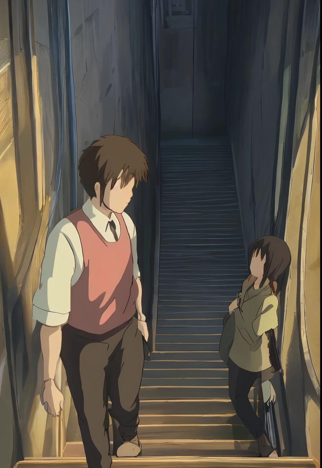 a man is walking up the stair towards the camera, a girl is walking down the stairs away from camera, they are walking on the same stairs, they are looking at each other, Makoto Shinkai's Your Name poster, there is a text "KIMI NO NAWA", anime, three sided view, blending, masterpiece, high details, award winning