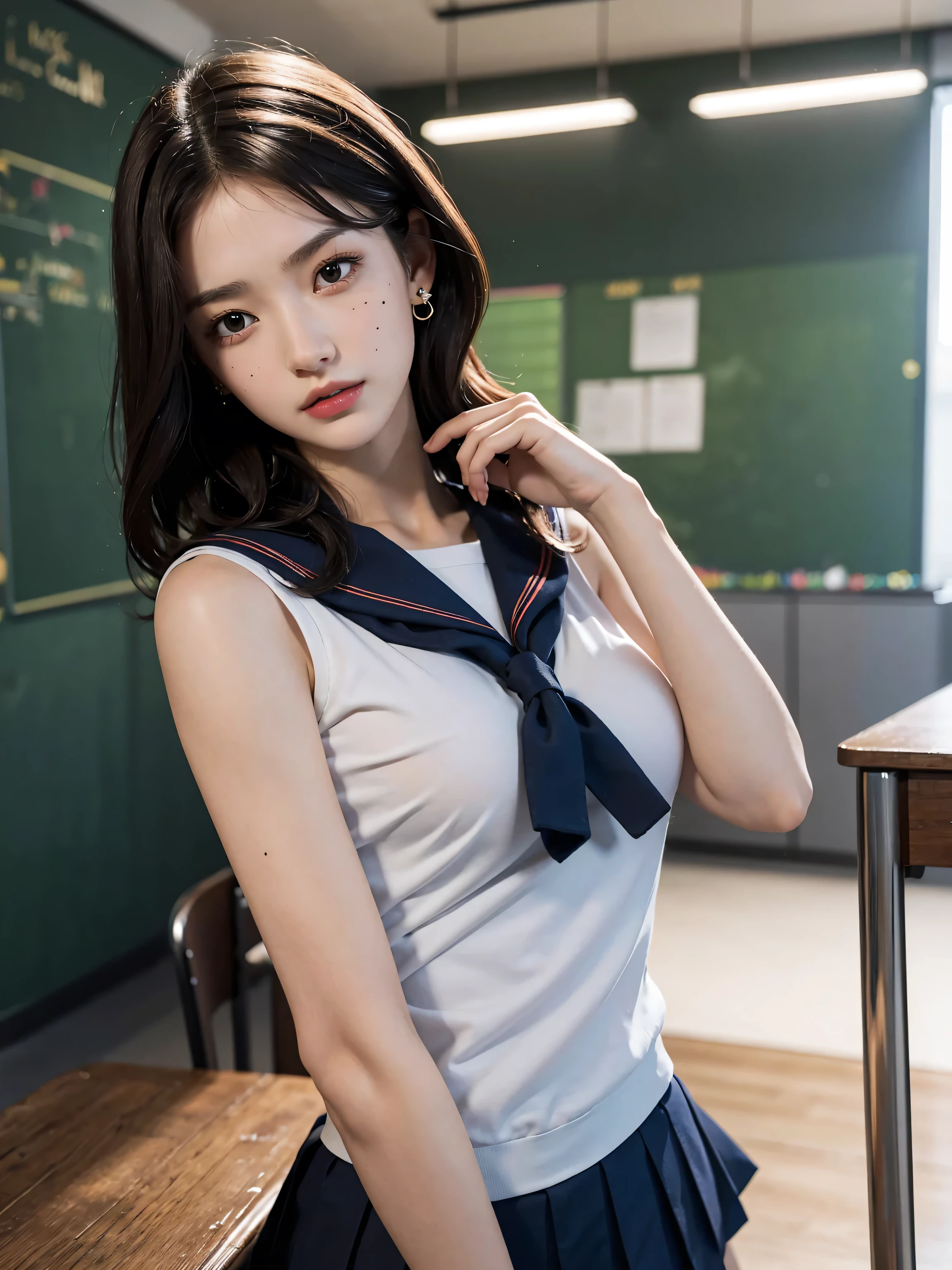 girl with pretty face and black hair, tied into a pony tail, white shirt, blue pinafore, uniform, school logo, tiny breast, flat chest, cleavage showing through her unbuttoned shirt, seductive face, frown, wink, arms up, detailed armpit, legs spread wide, showing pink underwear, nipples showing, small , fully unbuttoned white shirt, opened shirt, in front of classroom, full of other students, squating in front of classroom, exhibitionist, having sex, gang bang, harsh sex, sex with multiple men