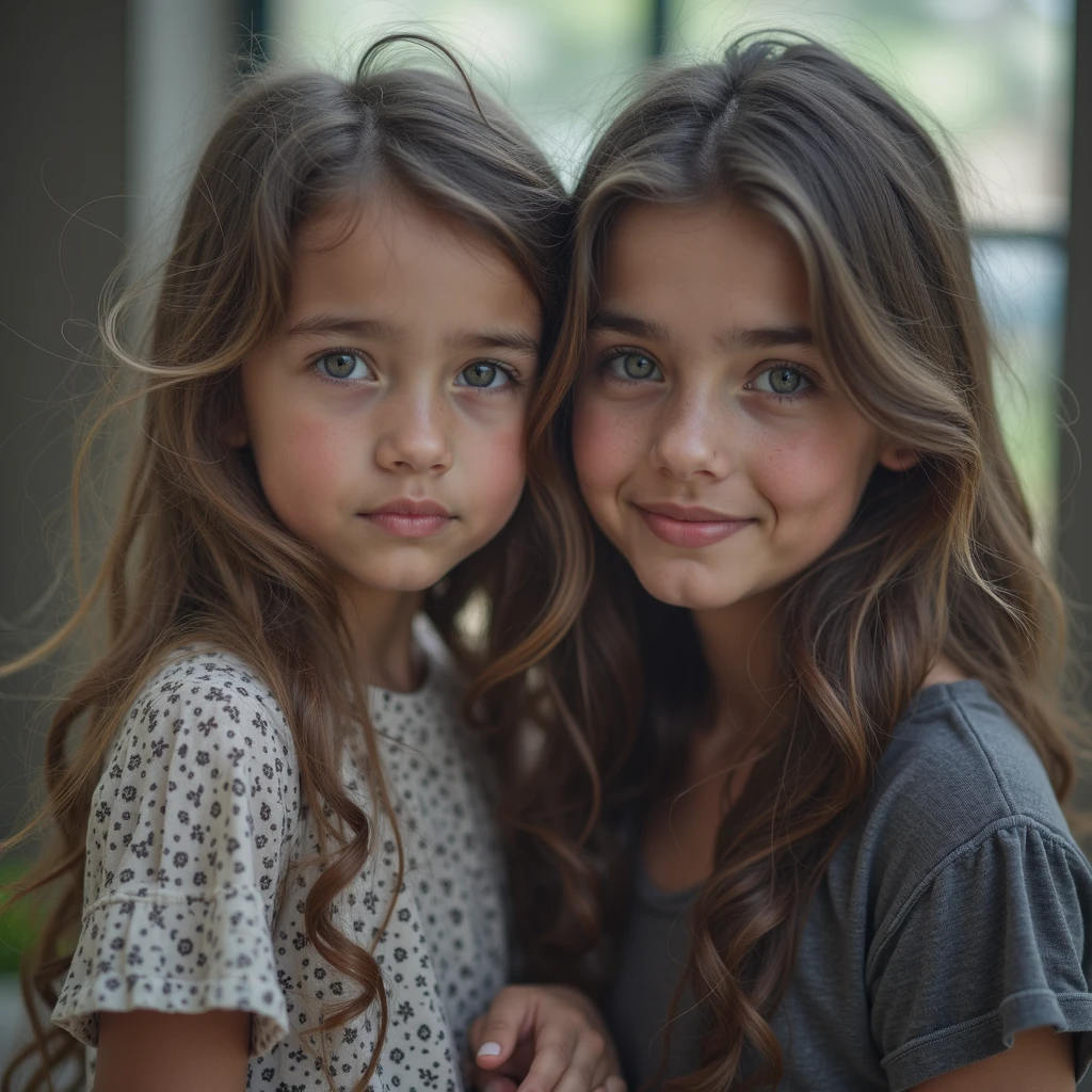 A girl with long brown hair and blue eyes holding hands with a chibi guy with brown hair and light green eyes