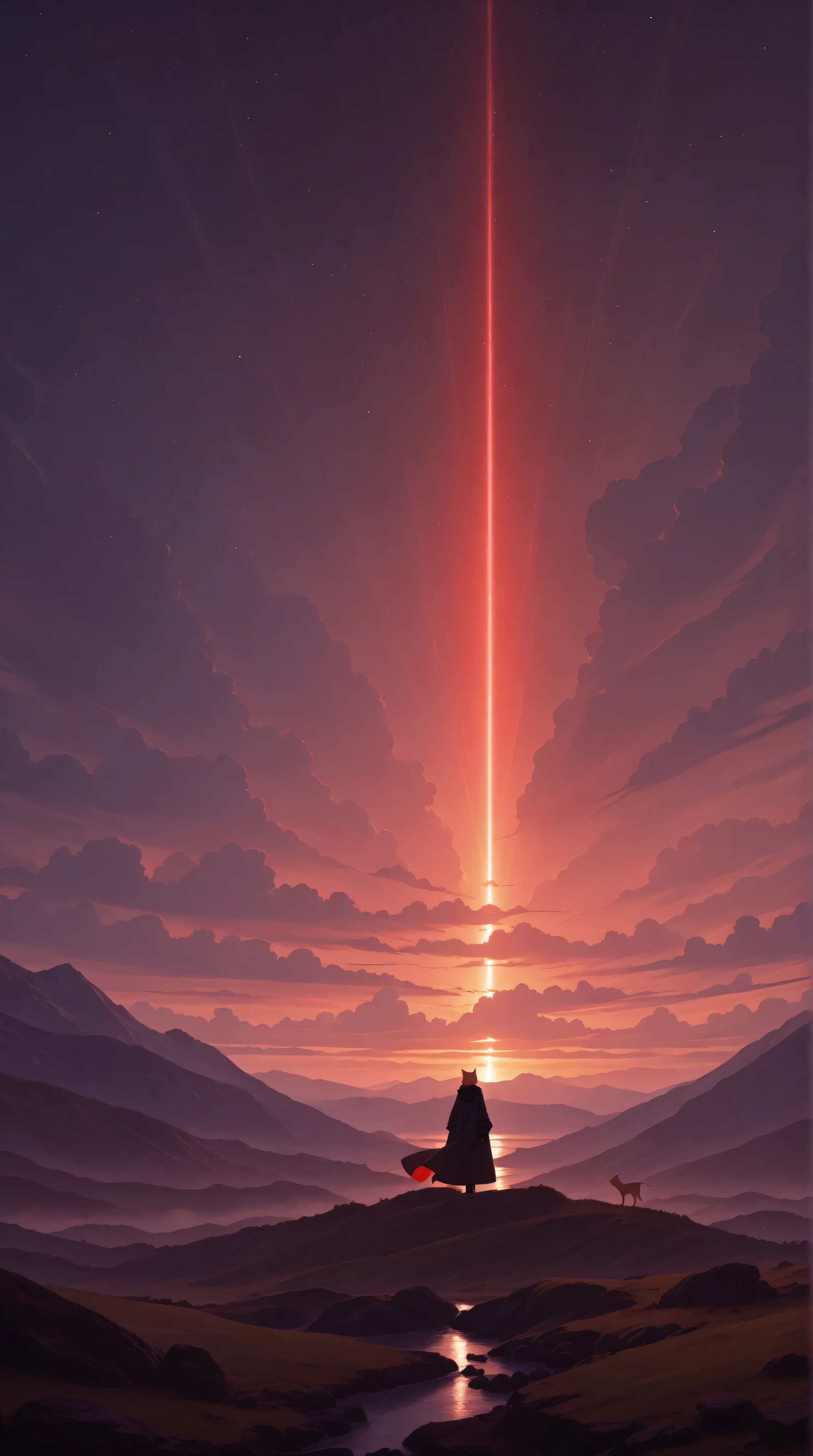 a futuristic landscape in the illustrative style of french illustrator Moebius, (purples, reds, blues),
