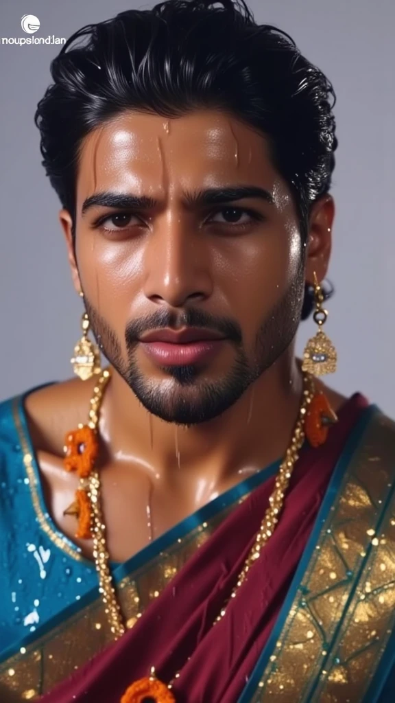 He has broad shoulders, mighty arms, a conch-shaped neck, a charming countenance, and coppery eyes; he has his clavicle concealed and is known by the people as Rama with He is a beautiful youth with a glowing complexion the color of rain clouds. He plays a flute, attracting the hearts of all. His cheeks are brilliant, His smiling enchanting. He wears a peacock feather in His curly black hair and a flower garland around His neck.