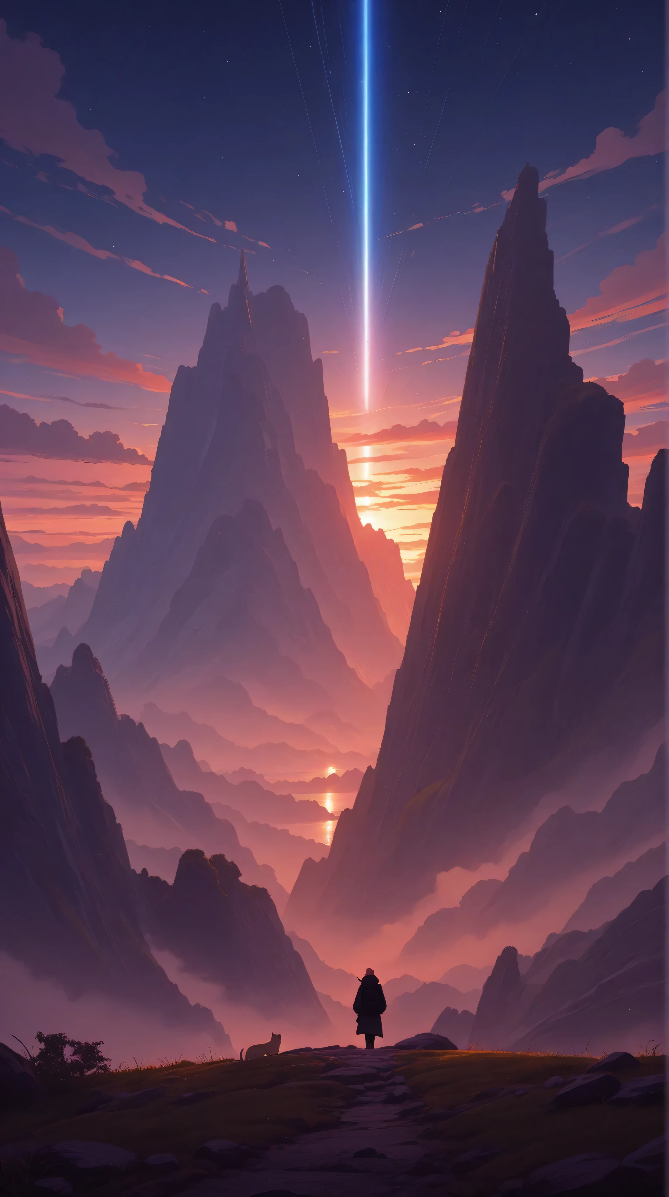 a futuristic landscape in the illustrative style of french illustrator Moebius, (purples, reds, blues),